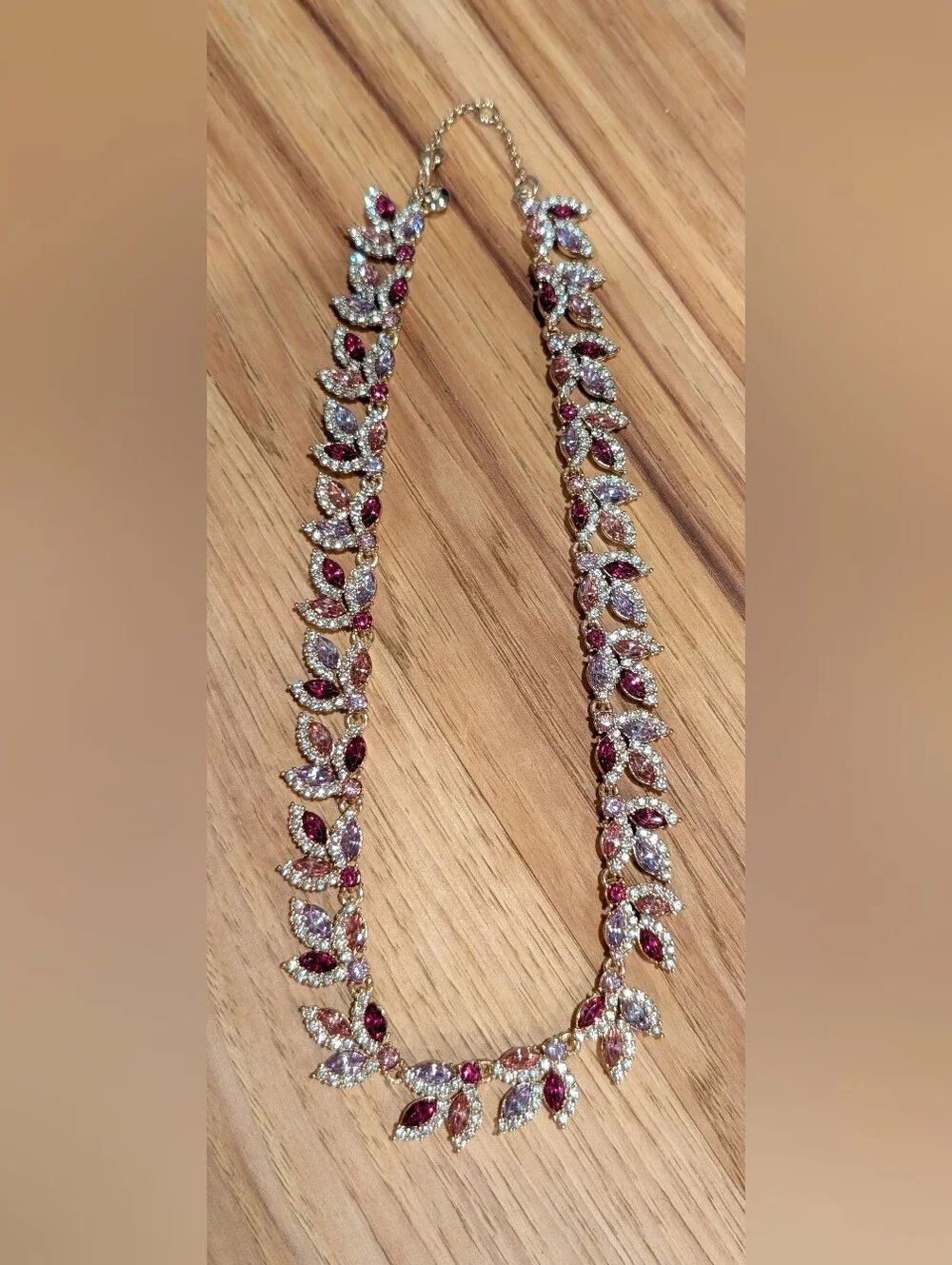 Gold-Tone Light And Deep Pink Crystal Leaf Necklace
